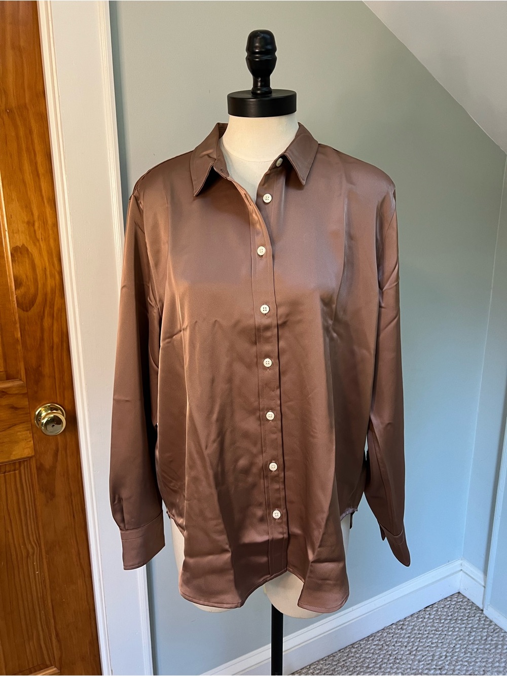 NWT Spanx Women Better than Silk Satin Button-Up Shirt Brown career office